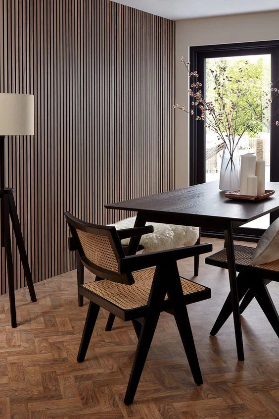 Hushify Walnut acoustic panels on interior wall showing warm wood finish and vertical rhythm