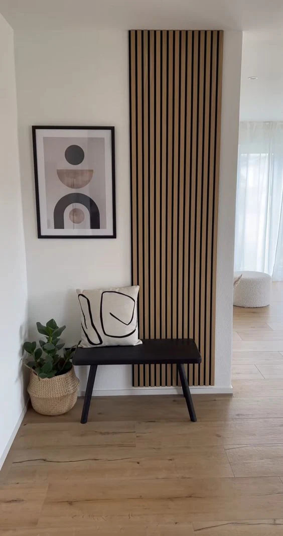 Natural Oak wood wall panels installed as accent wall in home office or living room