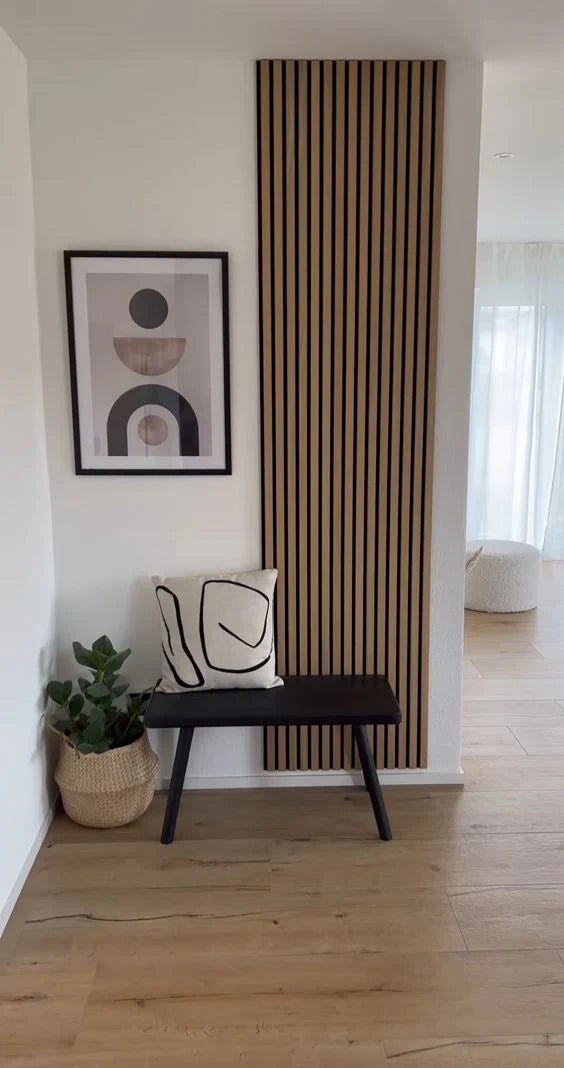 Natural Oak wood wall panels installed as accent wall in home office or living room