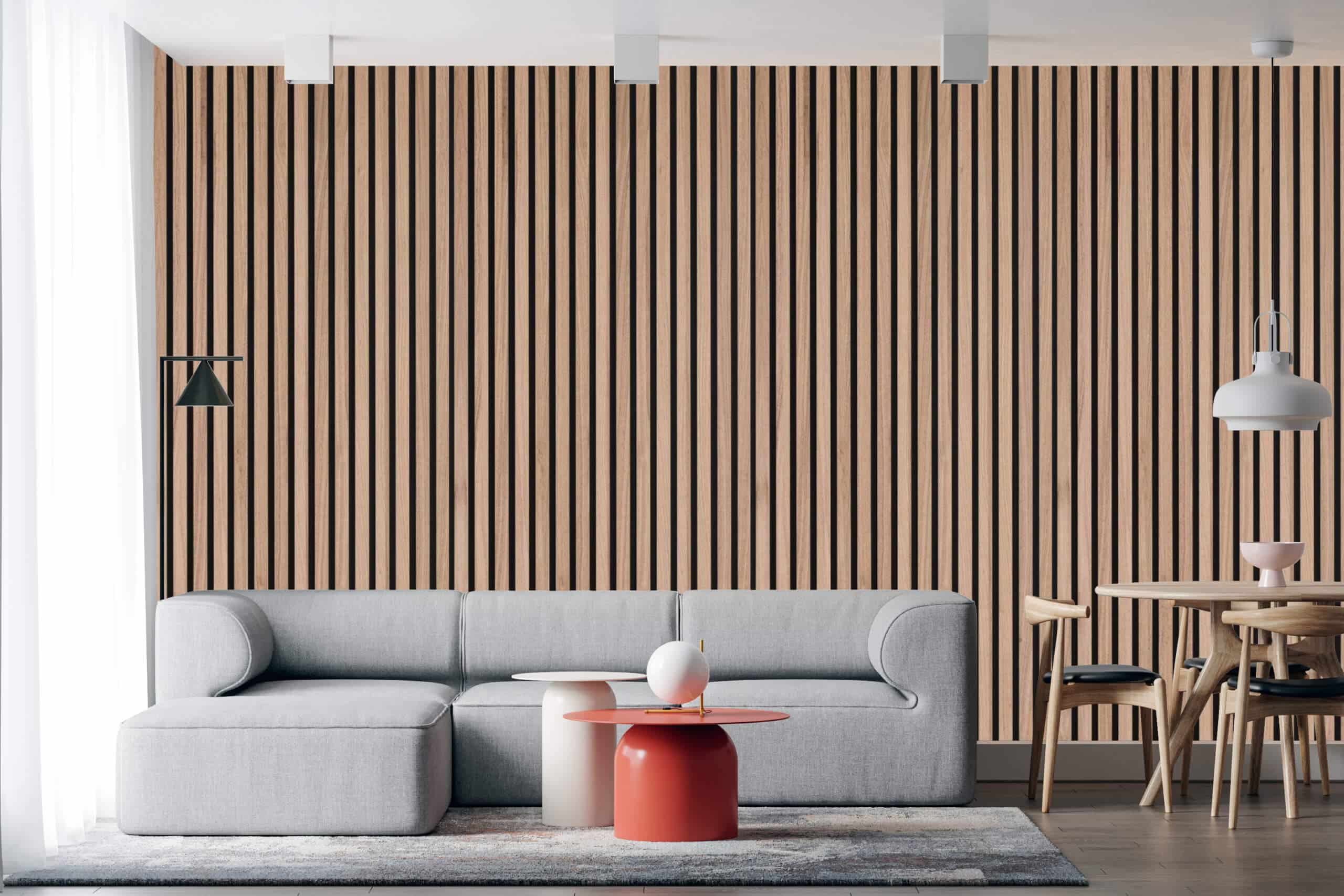 Natural Oak acoustic wood slat wall panels installed in modern Canadian interior
