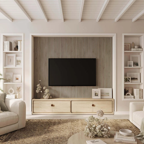 Ash acoustic wood slat wall panels with pale light wood veneer for modern Canadian interiors