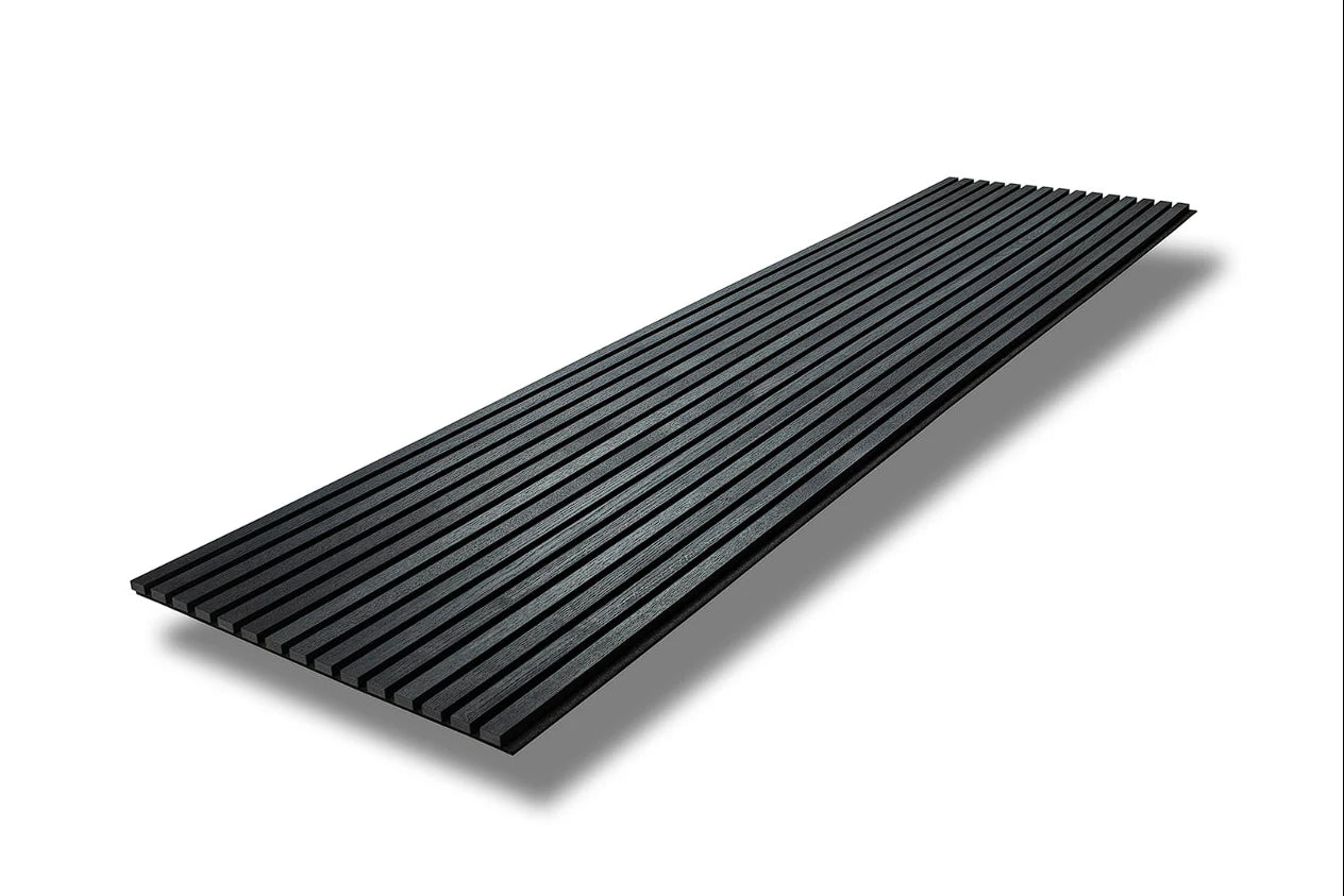 Black Oak acoustic wall panels full view showing dramatic dark finish and vertical slat profile