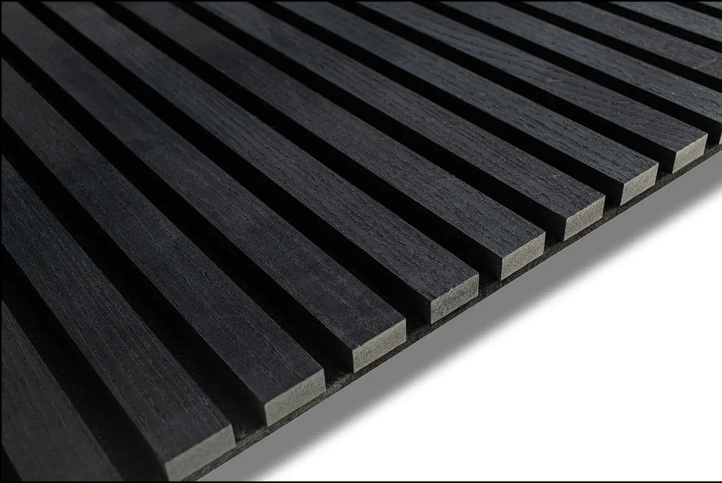 Close-up of Black Oak wood veneer slat panel showing dark grain texture and PET felt backing