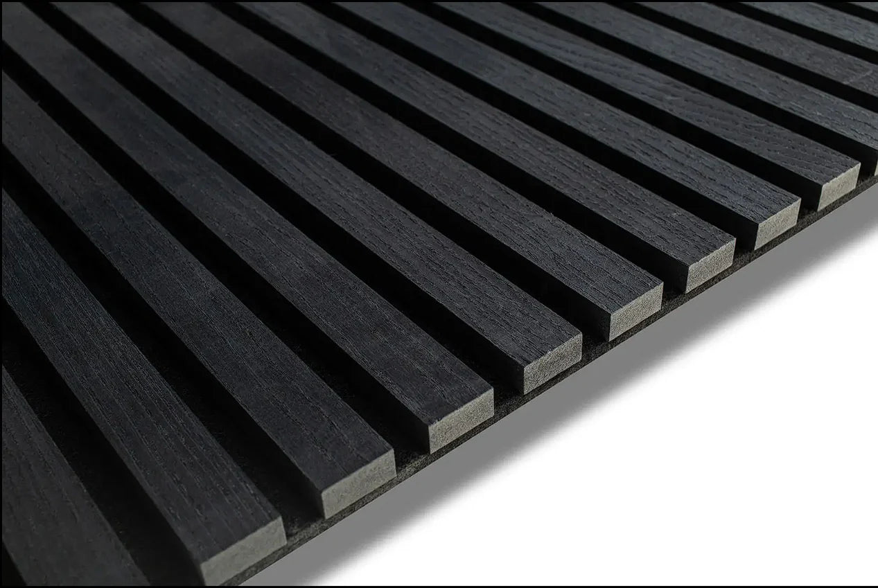Close-up of Black Oak wood veneer slat panel showing dark grain texture and PET felt backing