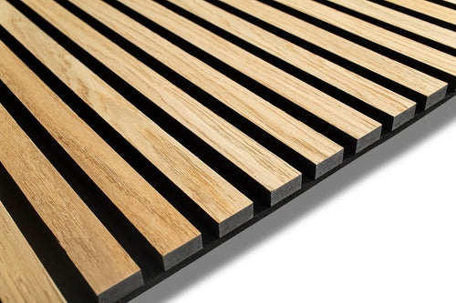 Natural Oak wood veneer slat sample on black acoustic felt