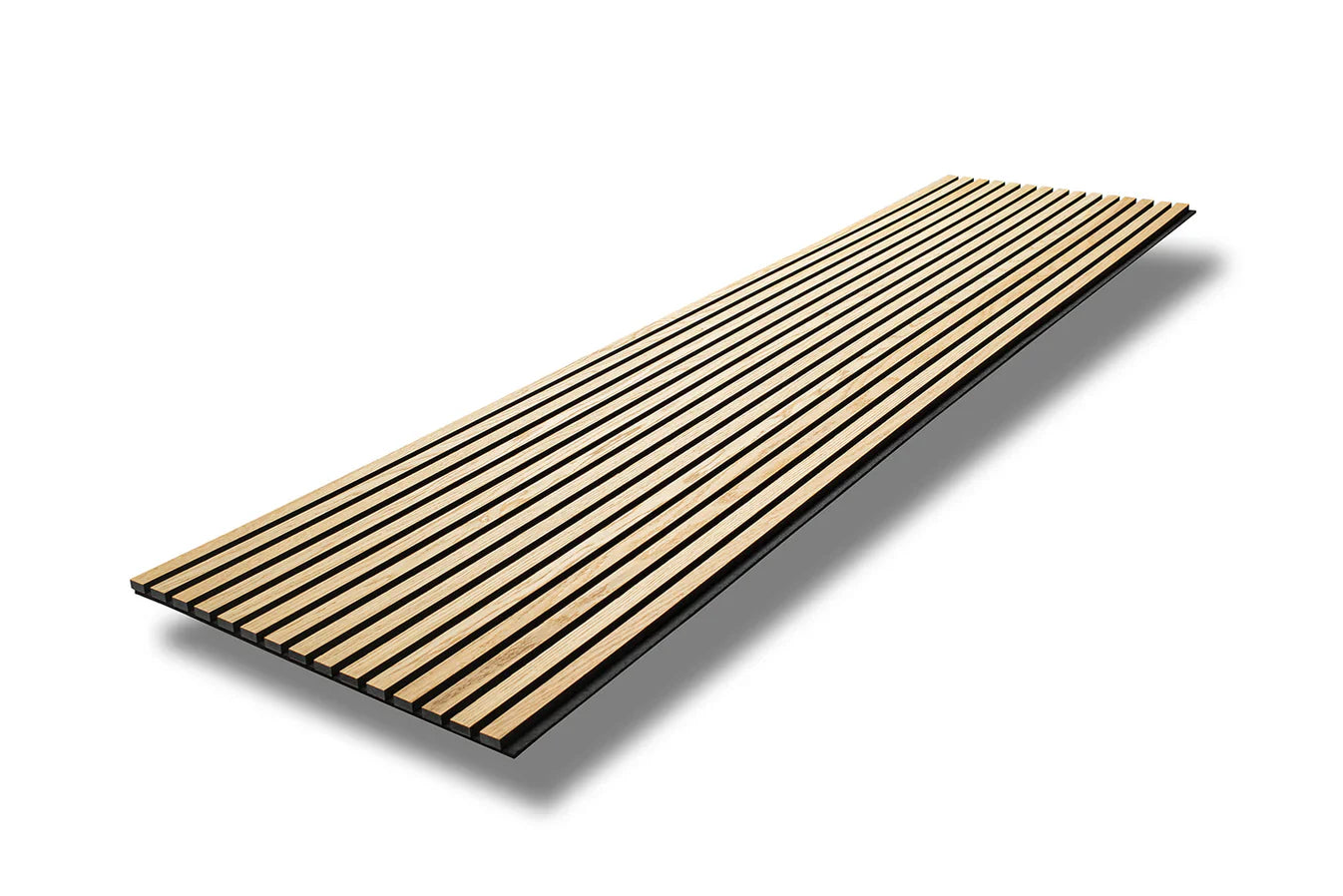 Close-up of Natural Oak wood veneer slat panel with black PET felt acoustic backing