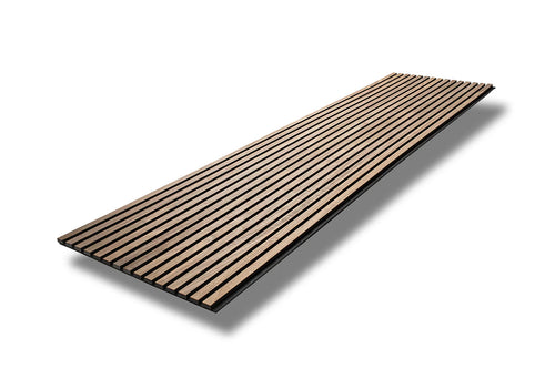 Walnut acoustic wall panel lifestyle view showing warm wood grain in modern living room