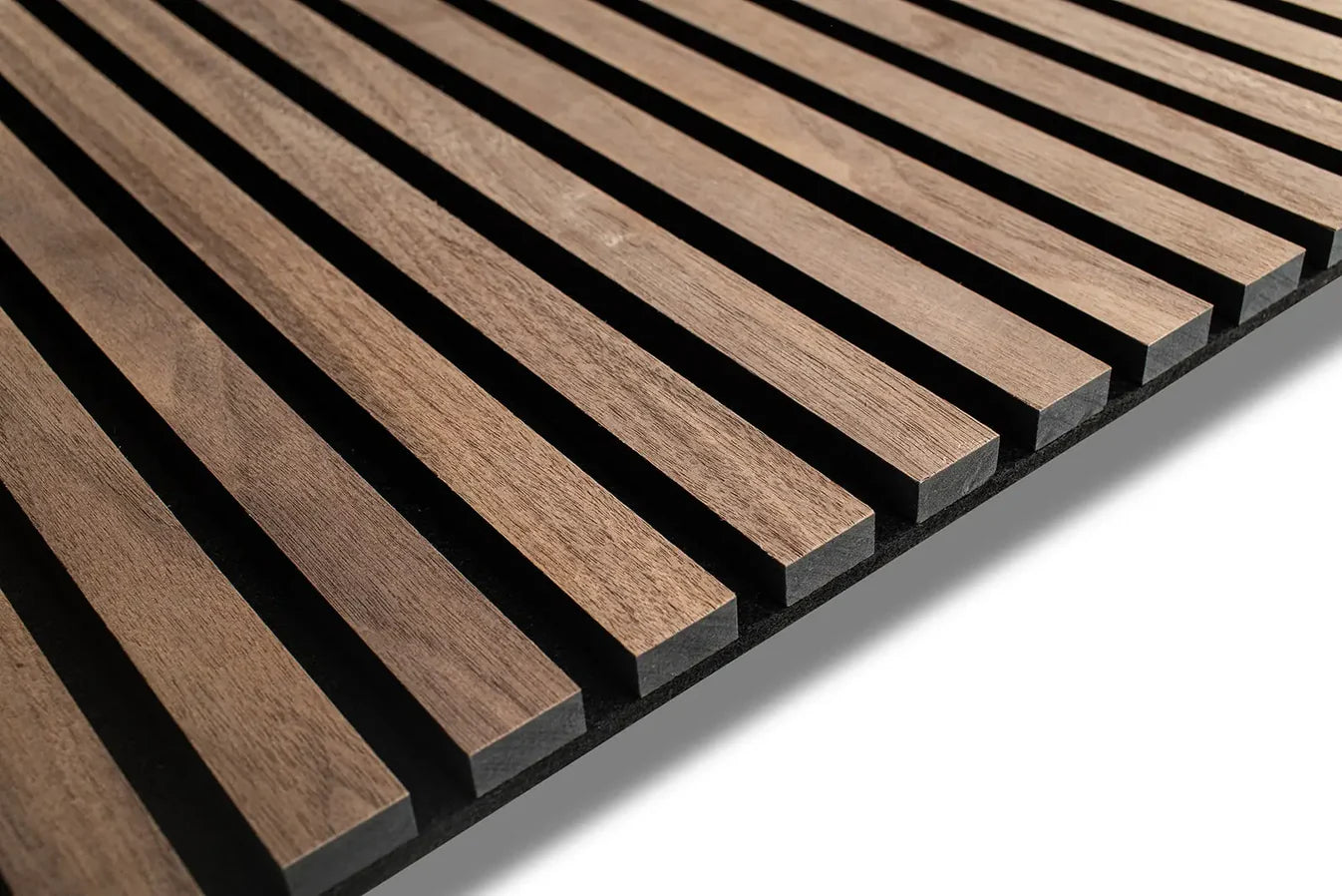 Close-up of Walnut wood veneer panel with black PET felt acoustic backing detail