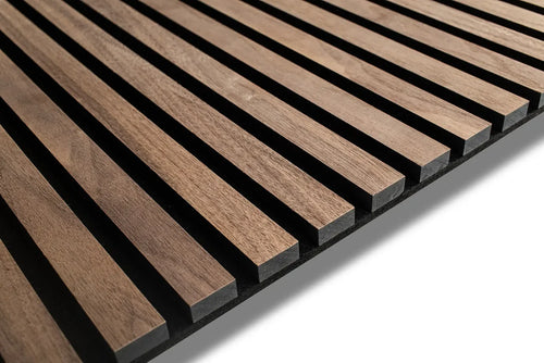 Walnut wood veneer slat sample on black acoustic felt