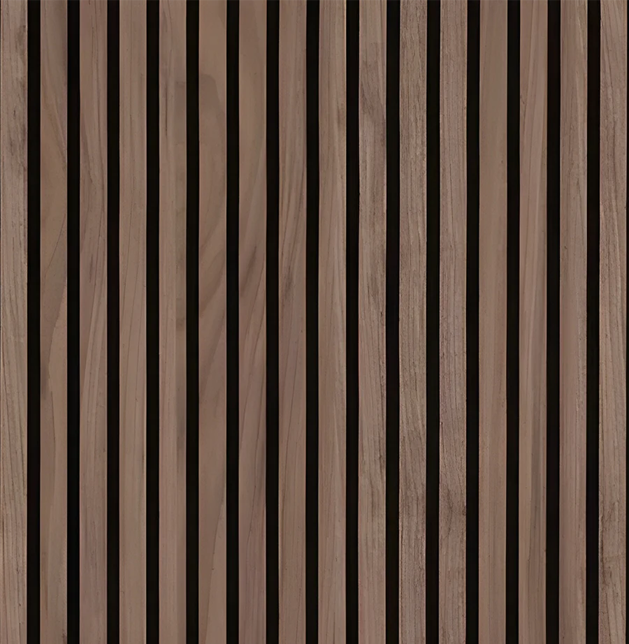 Walnut slat wall panel full view showing rich mid-tone veneer and vertical slat profile