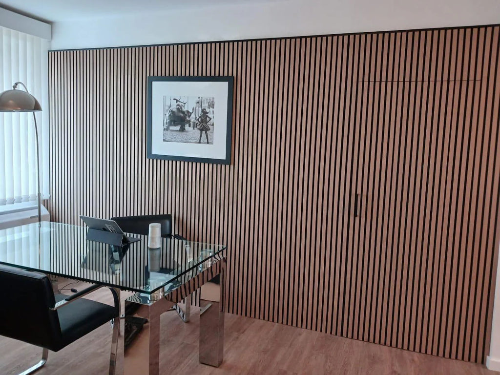 Natural Oak acoustic slat wall panel showing vertical rhythm and pale oak finish Canada