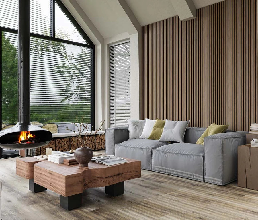 Walnut acoustic wood wall panels installed as feature wall in home office or media room